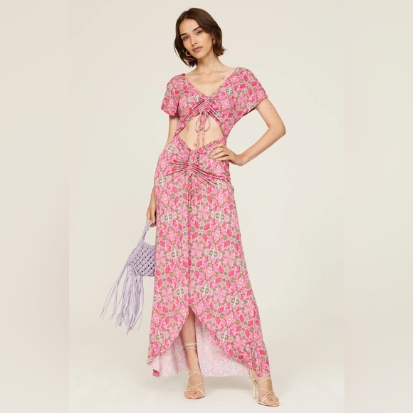 Misa Los Angeles Carlotta Cutout Ruched Maxi Dress Pink Floral Size Medium $395 - Picture 1 of 8